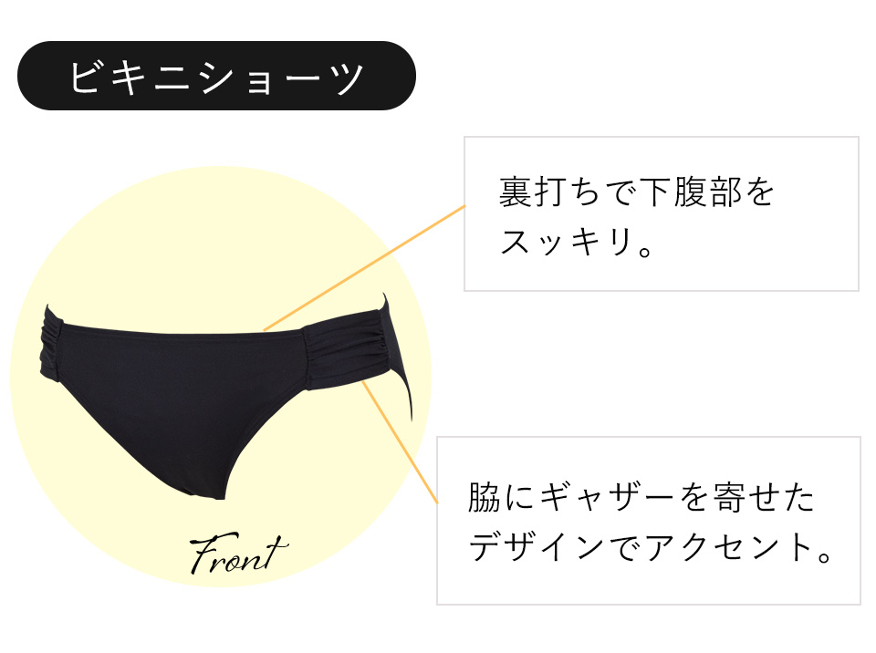 adure（アデュール）・2019ボディメイキングスイムウェア／Detail　裏打ちで下腹部をスッキリ。脇にギャザーを寄せたデザインでアクセント。