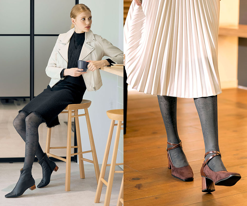 レッグメイキングシャンピエ　ボタニカルフラワーチャコールグレー着用モデルイメージ