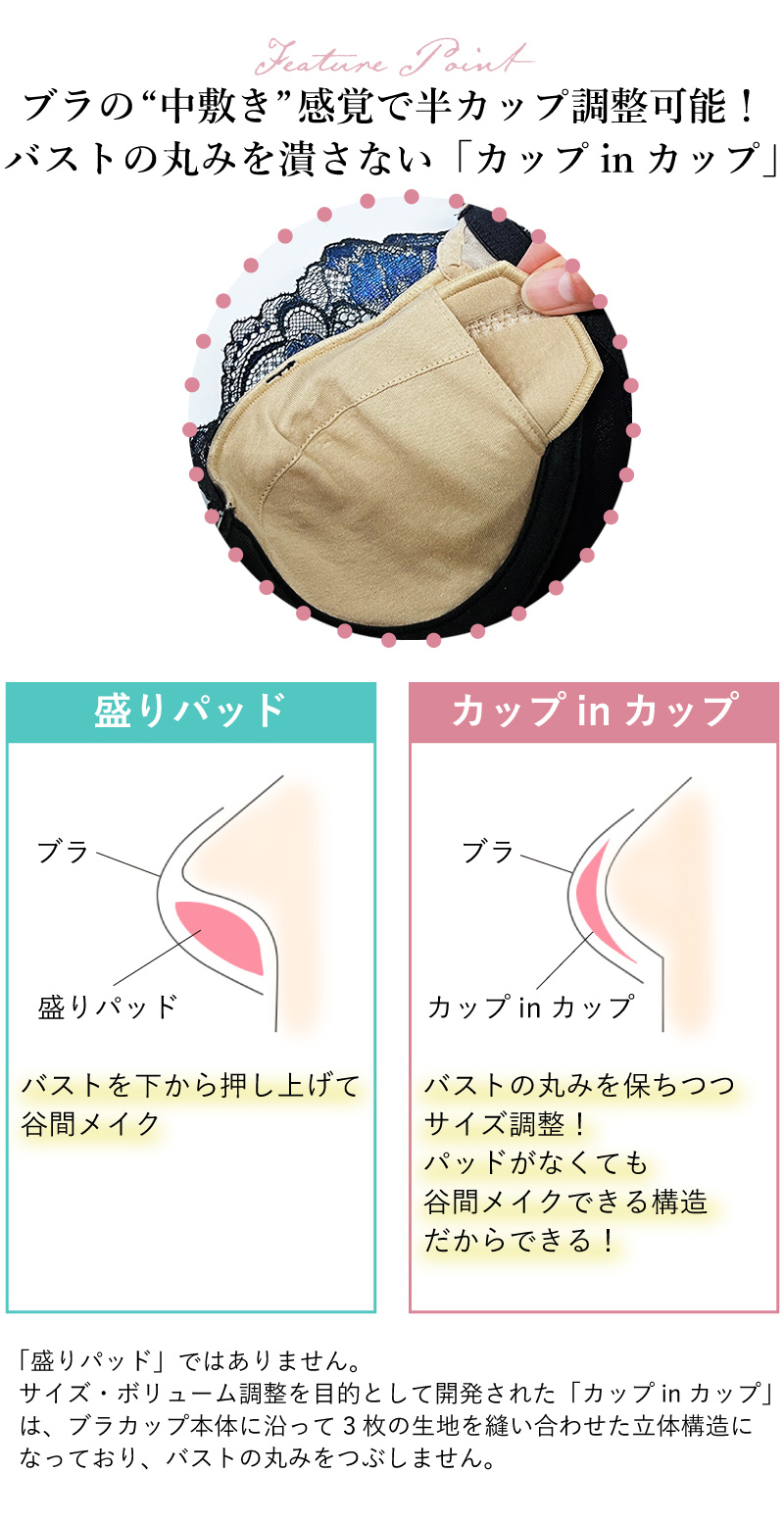 ブラの中敷き間隔で半カップ調整可能！