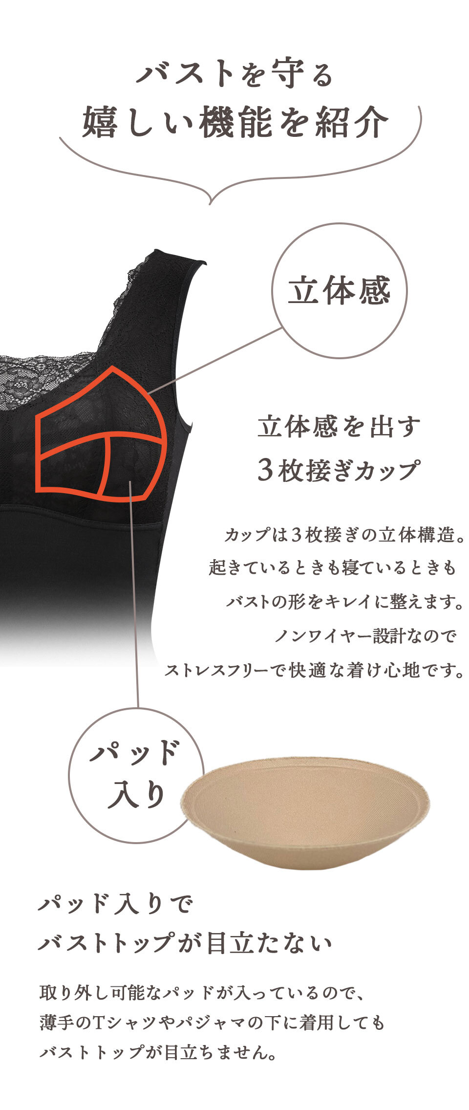バストを守る嬉しい機能を紹介 【立体感】立体感を出す3枚接ぎカップ カップは3枚接ぎの立体構造。起きているときも寝ているときもバストの形をキレイに整えます。ノンワイヤー設計なのでストレスフリーで快適な着心地です。【パッド入り】パッド入りでバストトップが目立たない。取り外し可能なパッドが入っているので、薄手のTシャツやパジャマの下に着用してもバストトップが目立ちません。