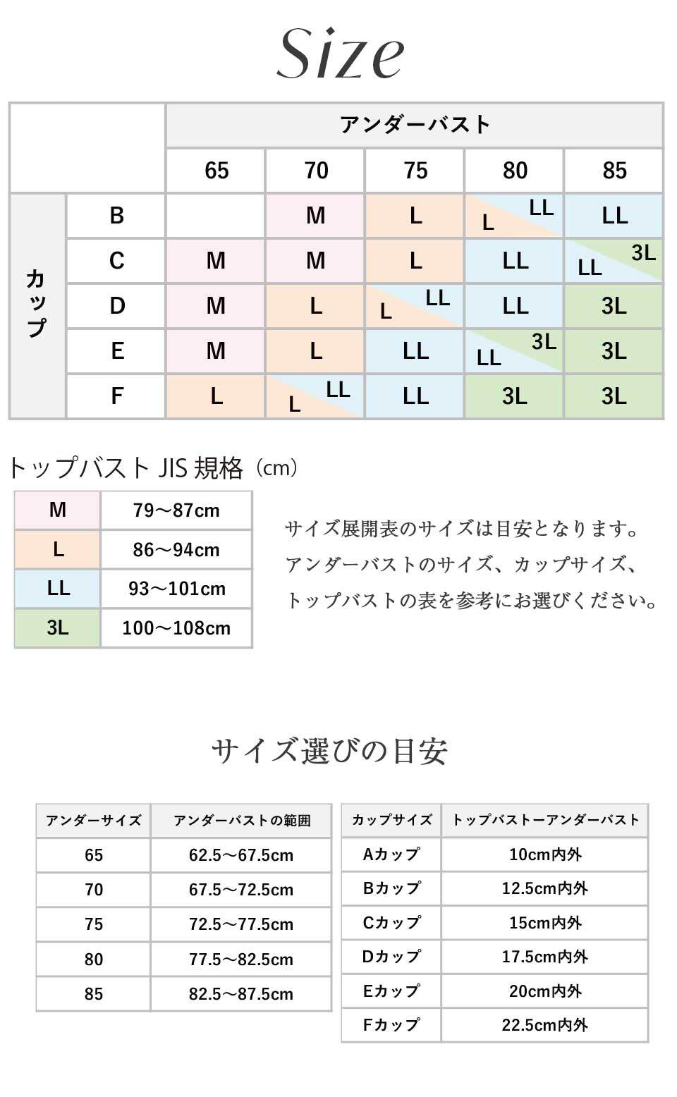 【SIZE(サイズ)】トップバストJIS規格(cm) M 79〜87cm/L 86〜94cm/LL 93〜101cm/3L 100〜108cm 【サイズ選びの目安】アンダーサイズ 65(62.5〜67.5cm)/アンダーサイズ 70(67.5〜72.5cm)/アンダーサイズ 75(72.5〜77.5cm)/アンダーサイズ 80(77.5〜82.5cm)/アンダーサイズ 85(82.5〜87.5cm)